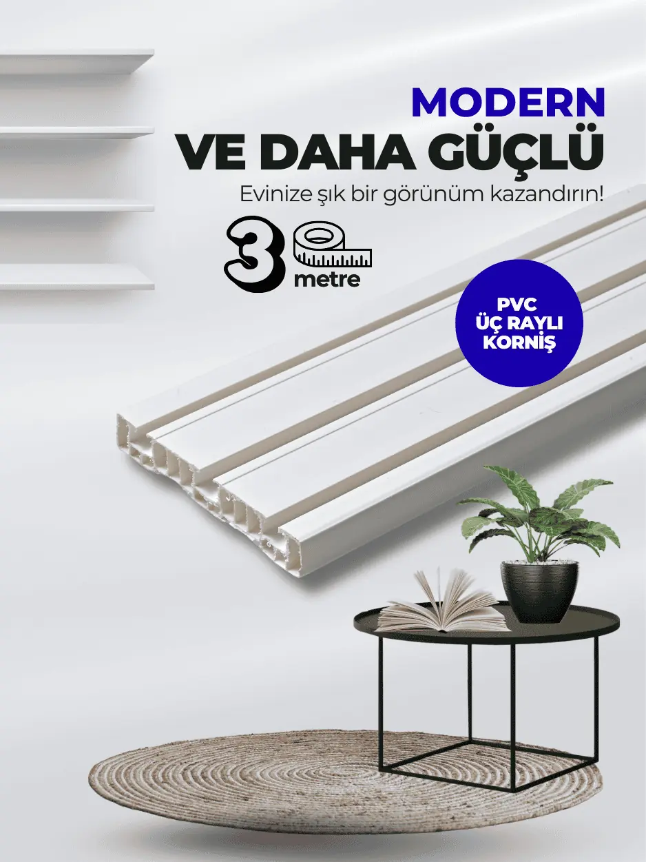 3 Metre 3 Raylı Premium Çok Kanallı PVC Perde Rayı
