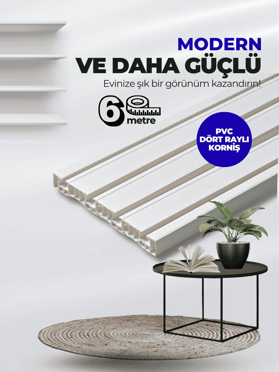 6 Metre 4 Raylı Uzun Premium PVC Perde Tutucu Korniş