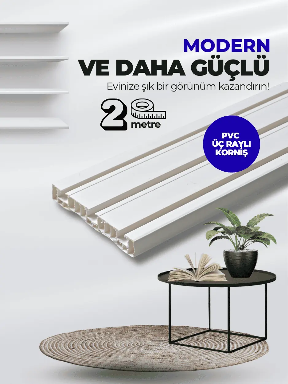 2 Metre Üç Raylı Birinci Sınıf Premium PVC Korniş Rayı