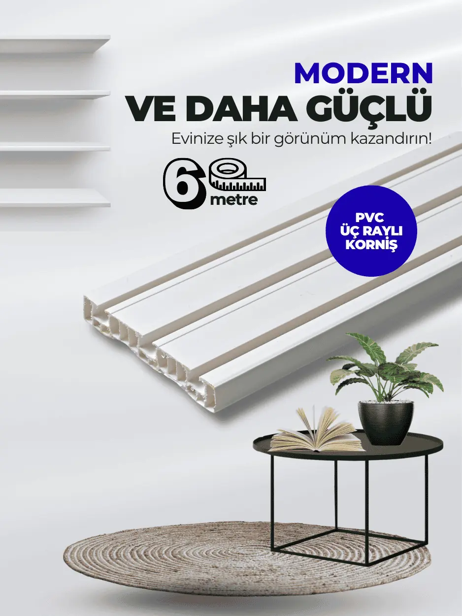 6 Metre 3 Raylı Uzun Premium PVC Perde Rayı