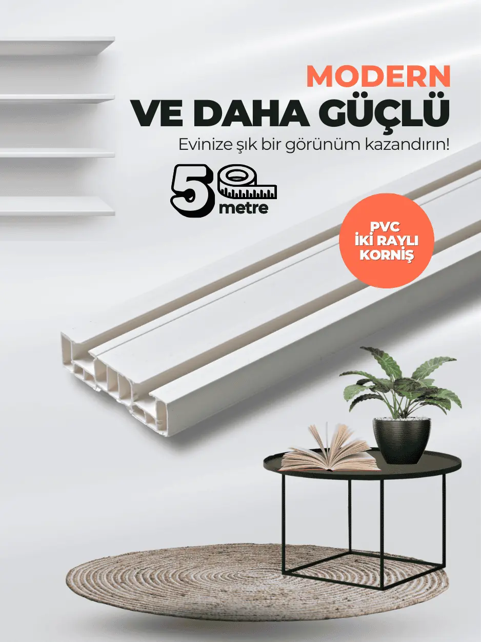 Eko 5 Metre 2 Raylı Dayanıklı Birinci Sınıf PVC Korniş Hafif Perdeler İçin